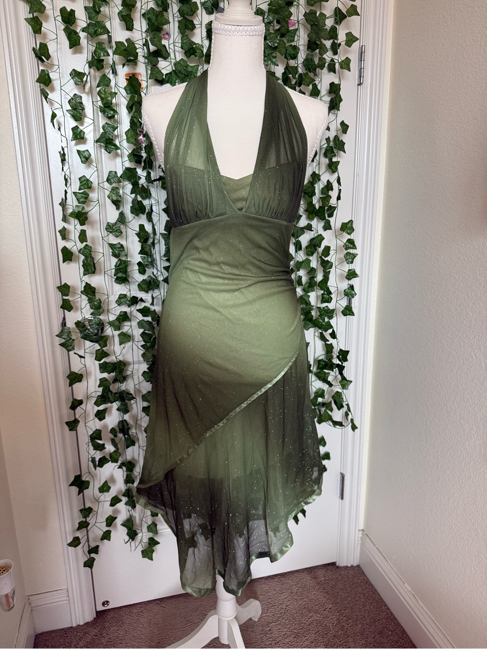 Taboo Olive Green Halter High-Low Dress with Sparkle (fits like S/M)